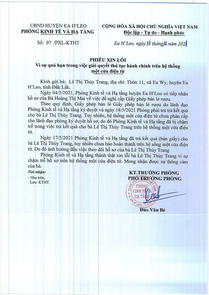 Thư xin lỗi về việc giải quyết thủ tục hành chính trễ hạn của bà Lê Thị Thùy Trang - Thôn 11, xã Ea Wy